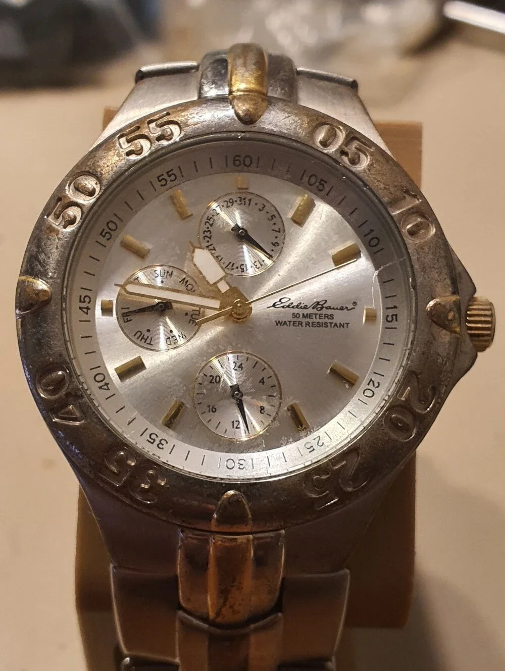 Vtg Eddie Bauer Textured 3 Eye Silver/Goldtone Stainless Steel Men's Watch